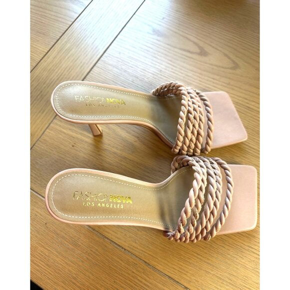 Fashion Nova 8.5 Braided Rope Strap 3" Heel Nude Heeled Sandals Square Toe - Picture 5 of 7